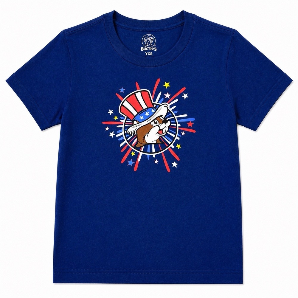 Buc-ee's Youth XS Land of the Free Patriotic T-Shirt Blue 4th of July Fireworks